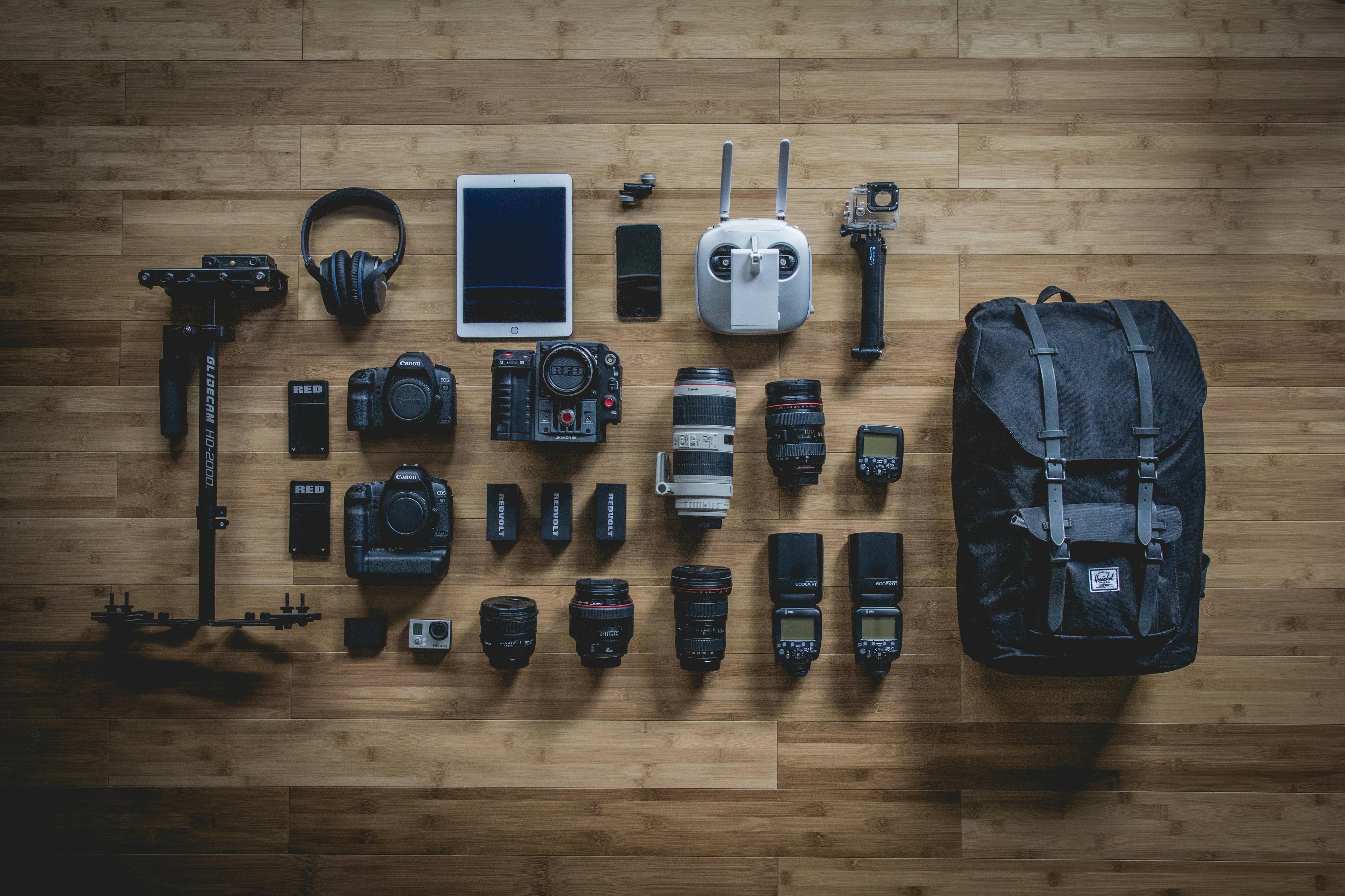 Professional photography gear laid out